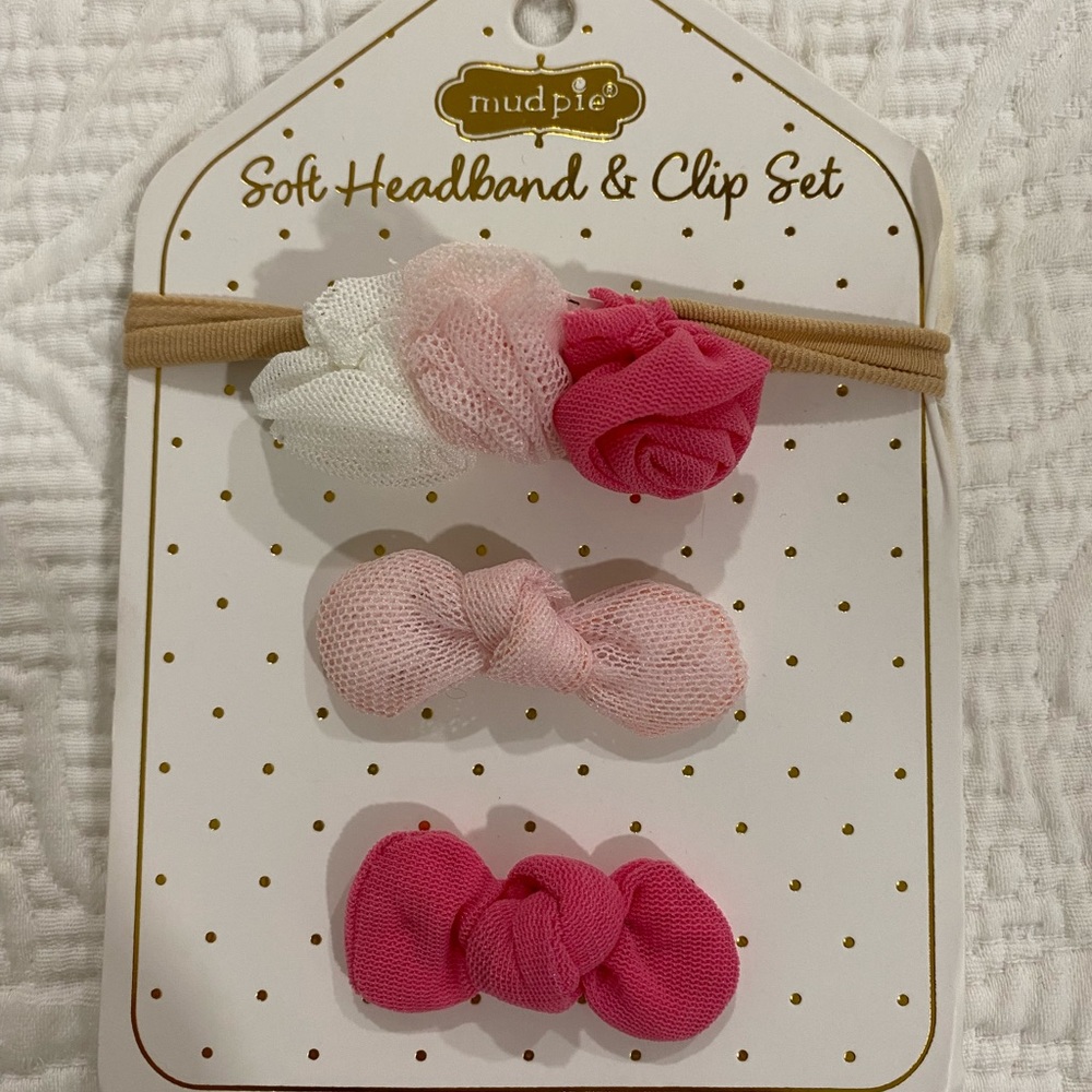 NWT Mudpie Pink soft headband and infant clip set, one size fits most